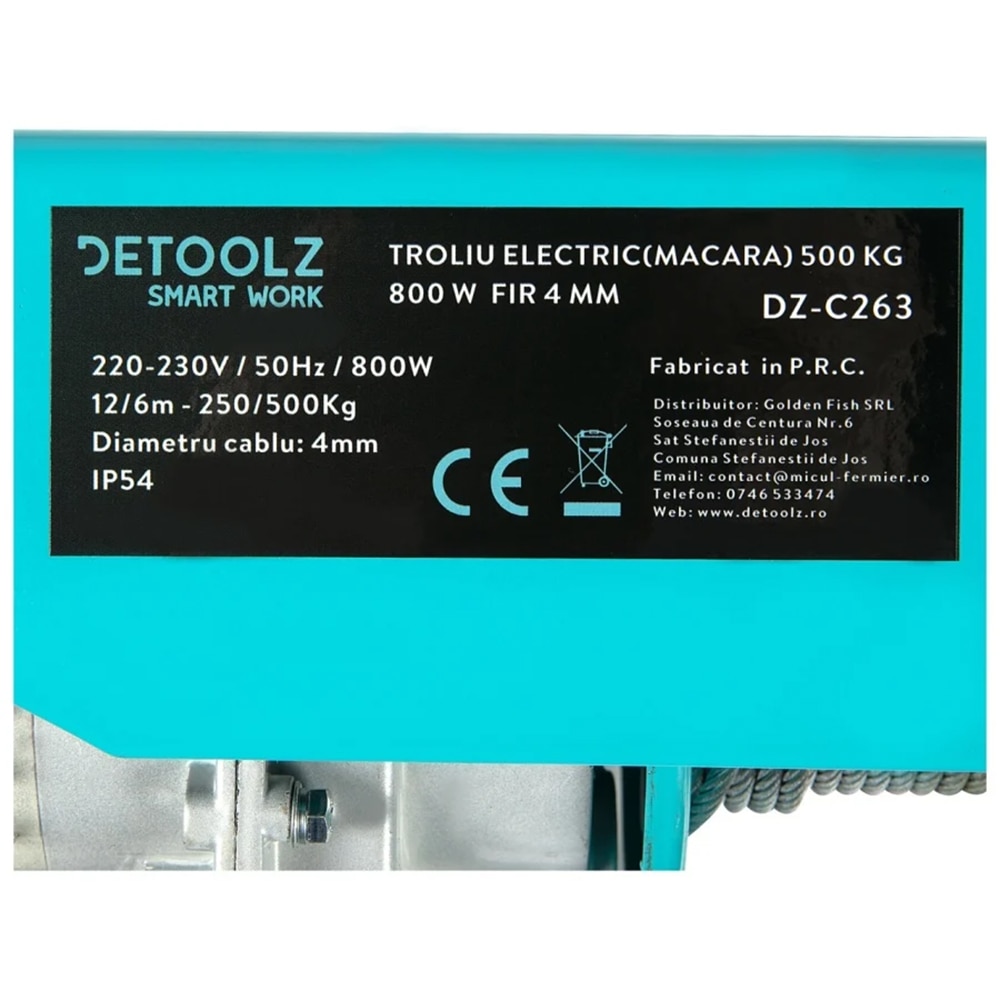 Macara electrica DETOOLZ, 500 kg, 800 W, 4 mm, otel si aluminiu, turcoaz