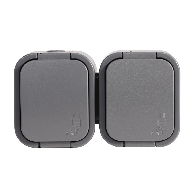 Priza Schuko dubla, 16A, 250V, IP54, cu capac, gri Abex