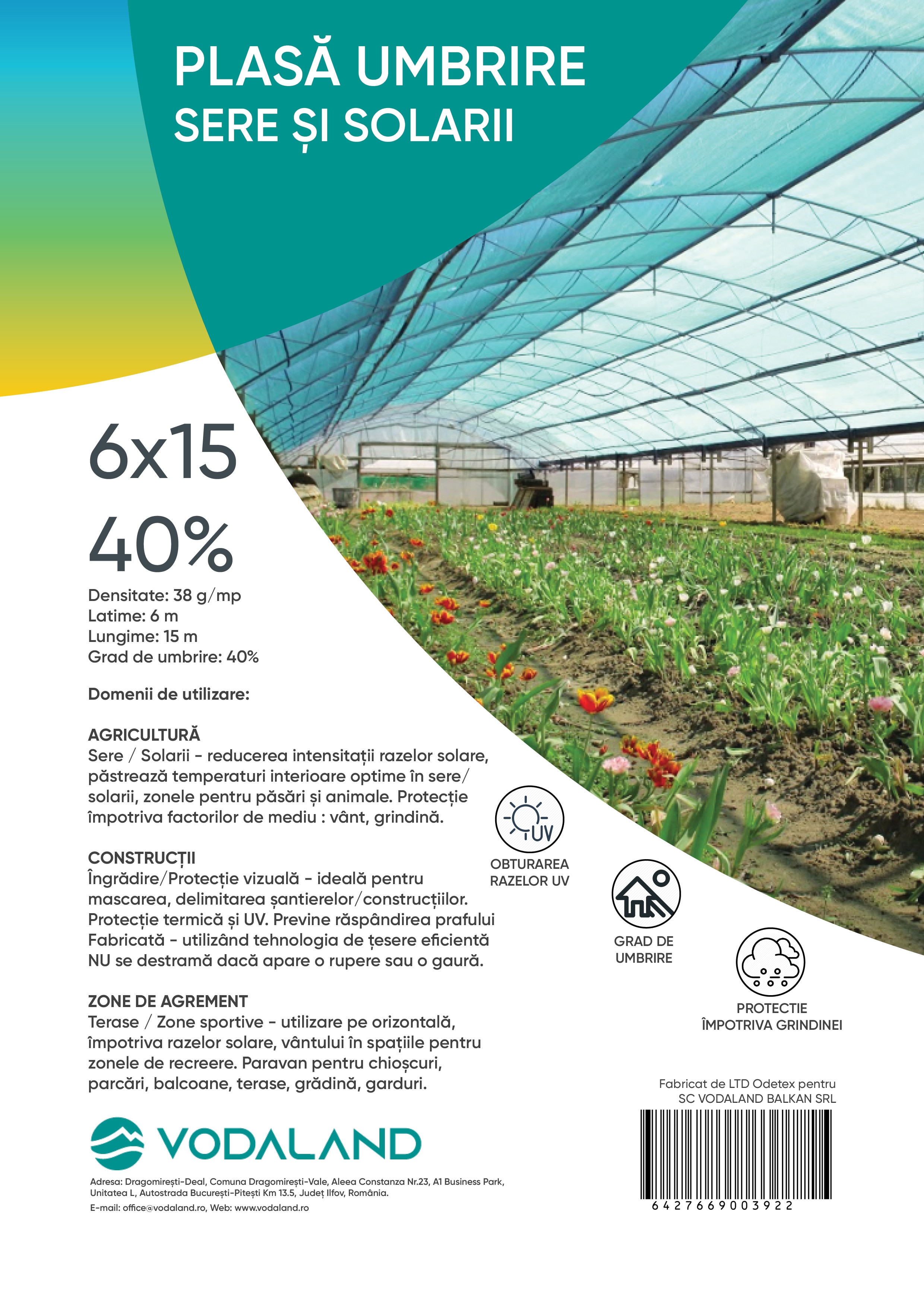 Plasa Umbrire Sera Si Solarii, 6 x 15 m, 40%  Vodaland