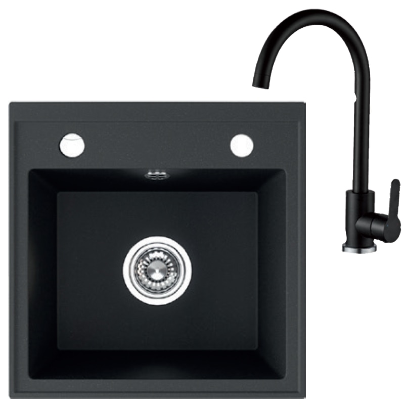 Set chiuveta cu baterie bucatarie, granit, negru, 44 x 44 x 17 cm  Molat