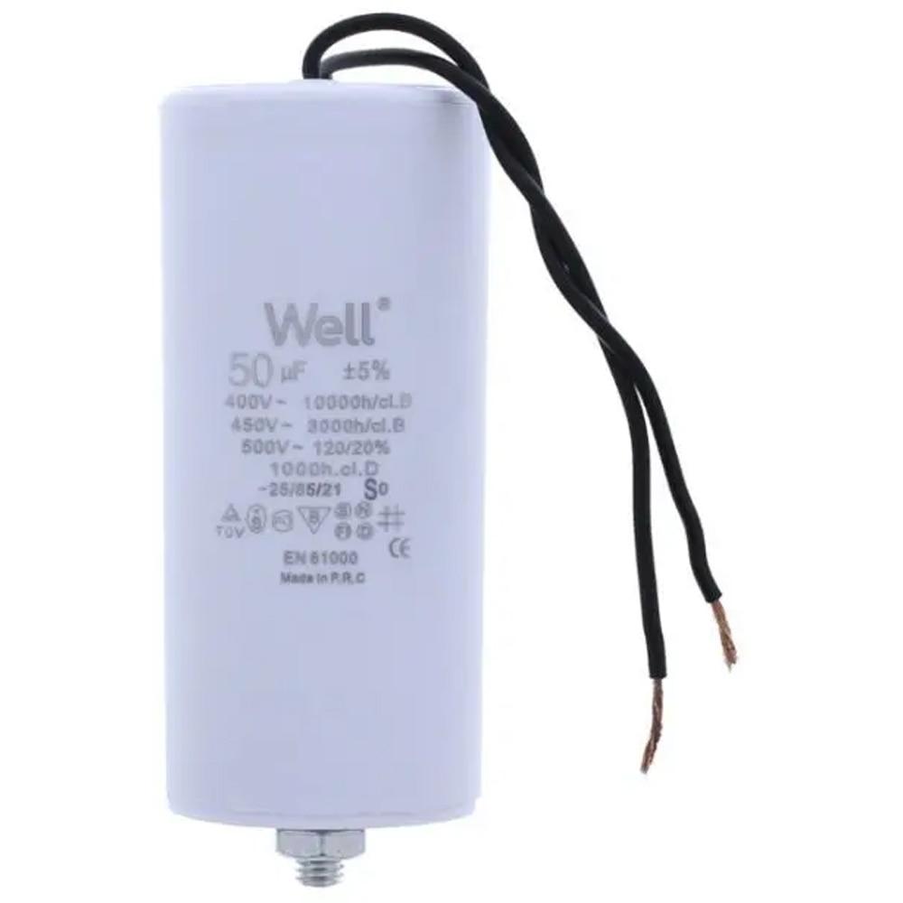 Condensator pornire motor WELL, 400V, 50uF, cu fir