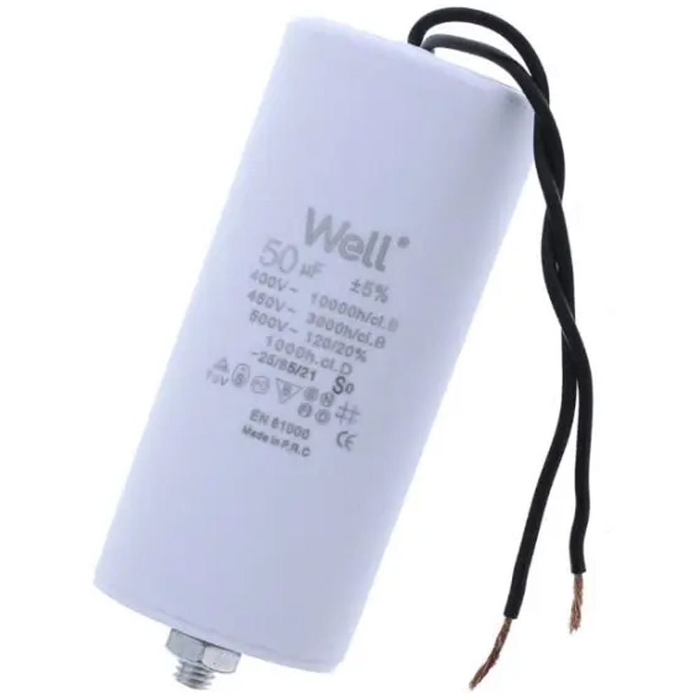 Condensator pornire motor WELL, 400V, 50uF, cu fir