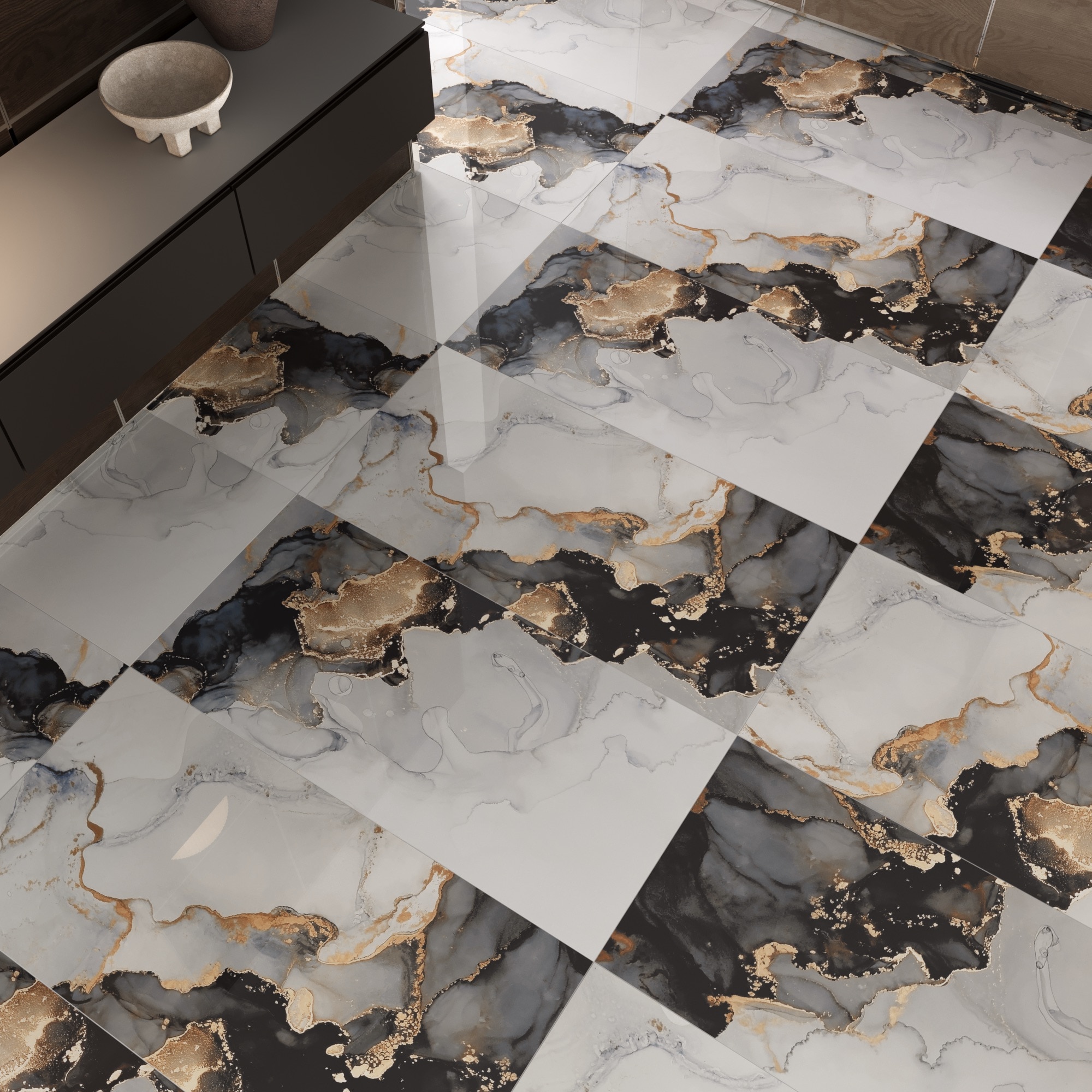 Gresie interior Joya Neo, negru/alb, portelanata, 120 x 60 cm, 1.44 mp/cutie