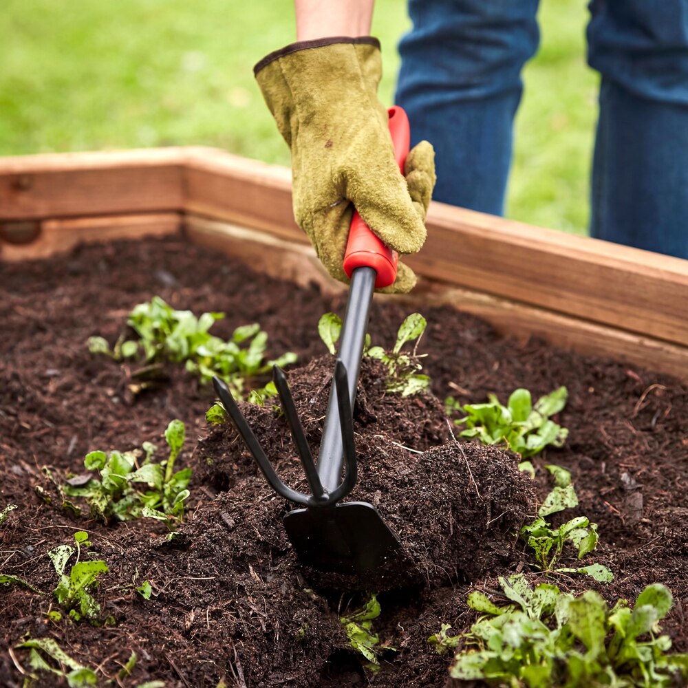 Mini sapaliga cu furca FORGE STEEL, 3 dinti, otel, rosu-negru