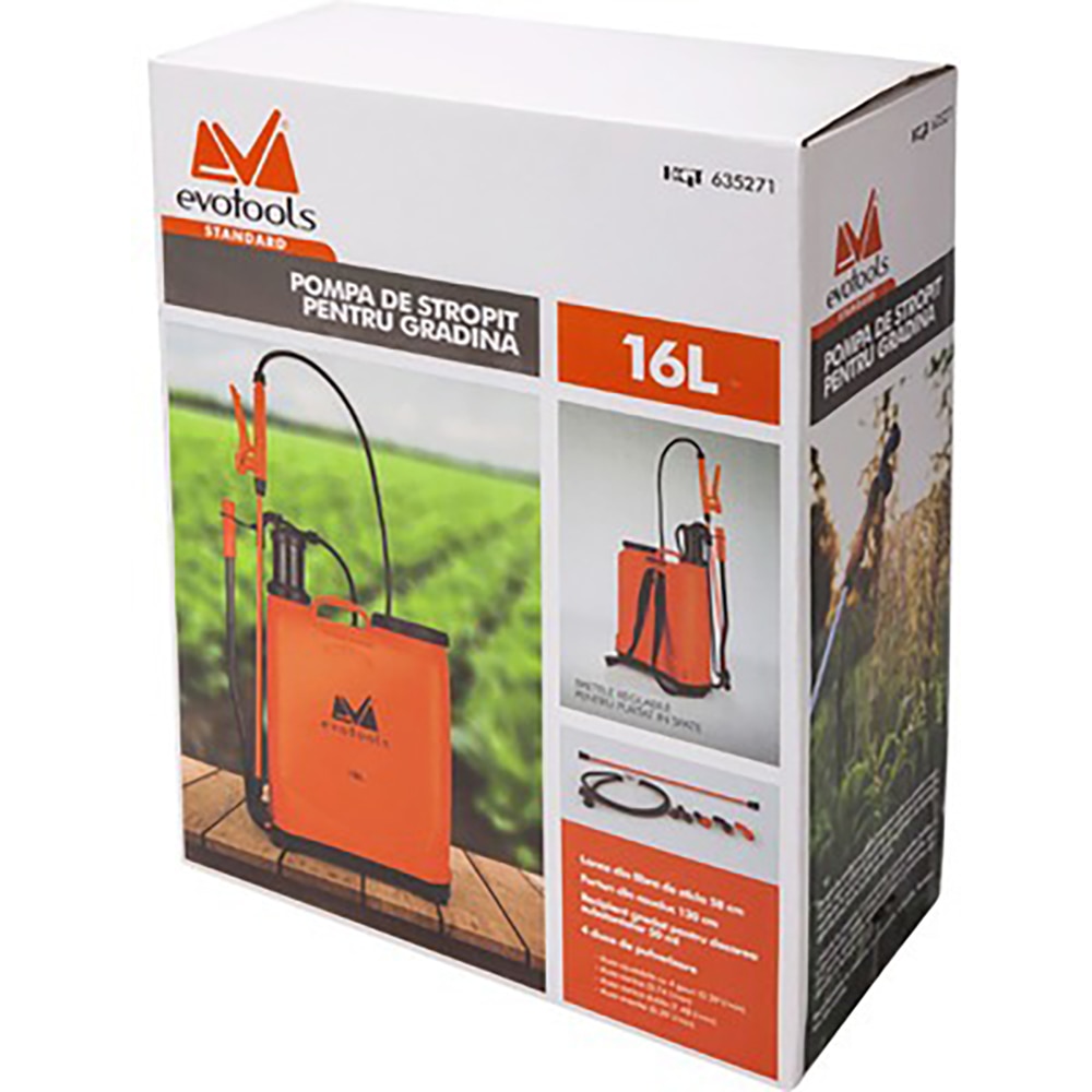 Pompa de stropit manuala EvoTools ETS, 16 l, plastic, tip rucsac, cu lance si furtun, plastic, portocaliu/negru