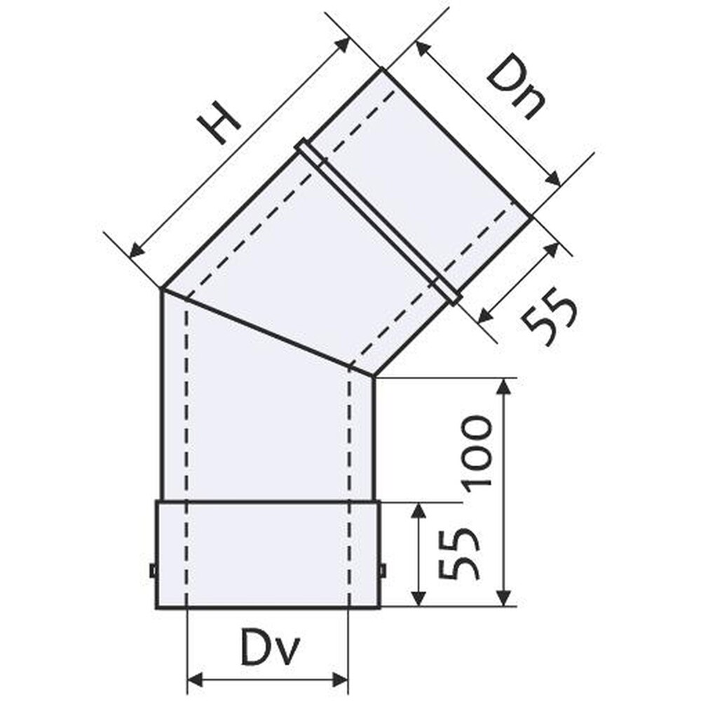 Cot 45 grade cos de fum dublu perete VULCANO, diametru 160-220 mm, inox