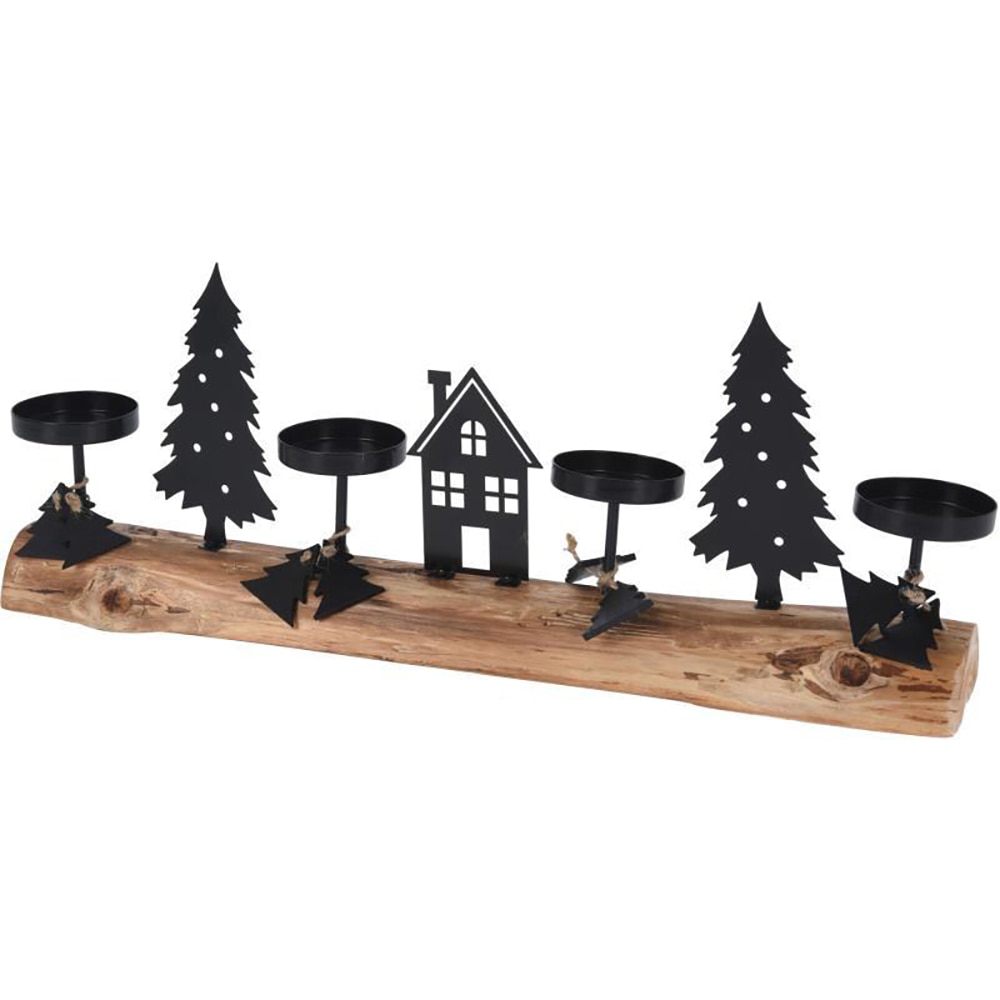 Suport pentru lumanari Scena Craciun, 40 x 6 x 15.5 cm, lemn si metal, maro/negru