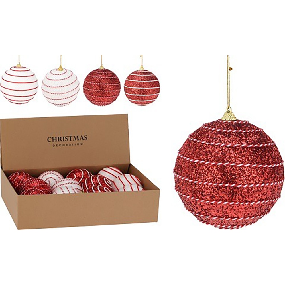 Glob pentru brad Craciun, 8 cm, plastic, rosu/alb, modele diverse