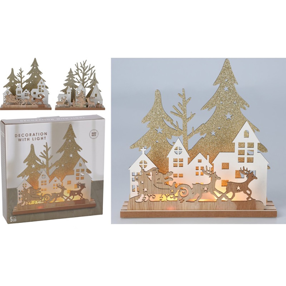 Decoratiune Scena de Craciun 5 LED-uri albe calde, 19.5 x 4.5 x 19.5 cm, lemn, maro