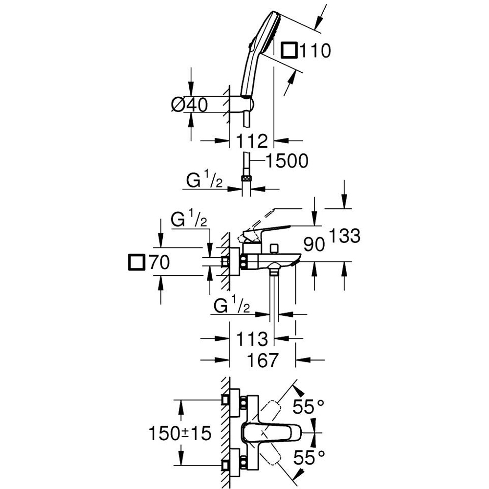 Baterie cada GROHE Cubeo 1018142430, aparenta, set dus, alama, negru