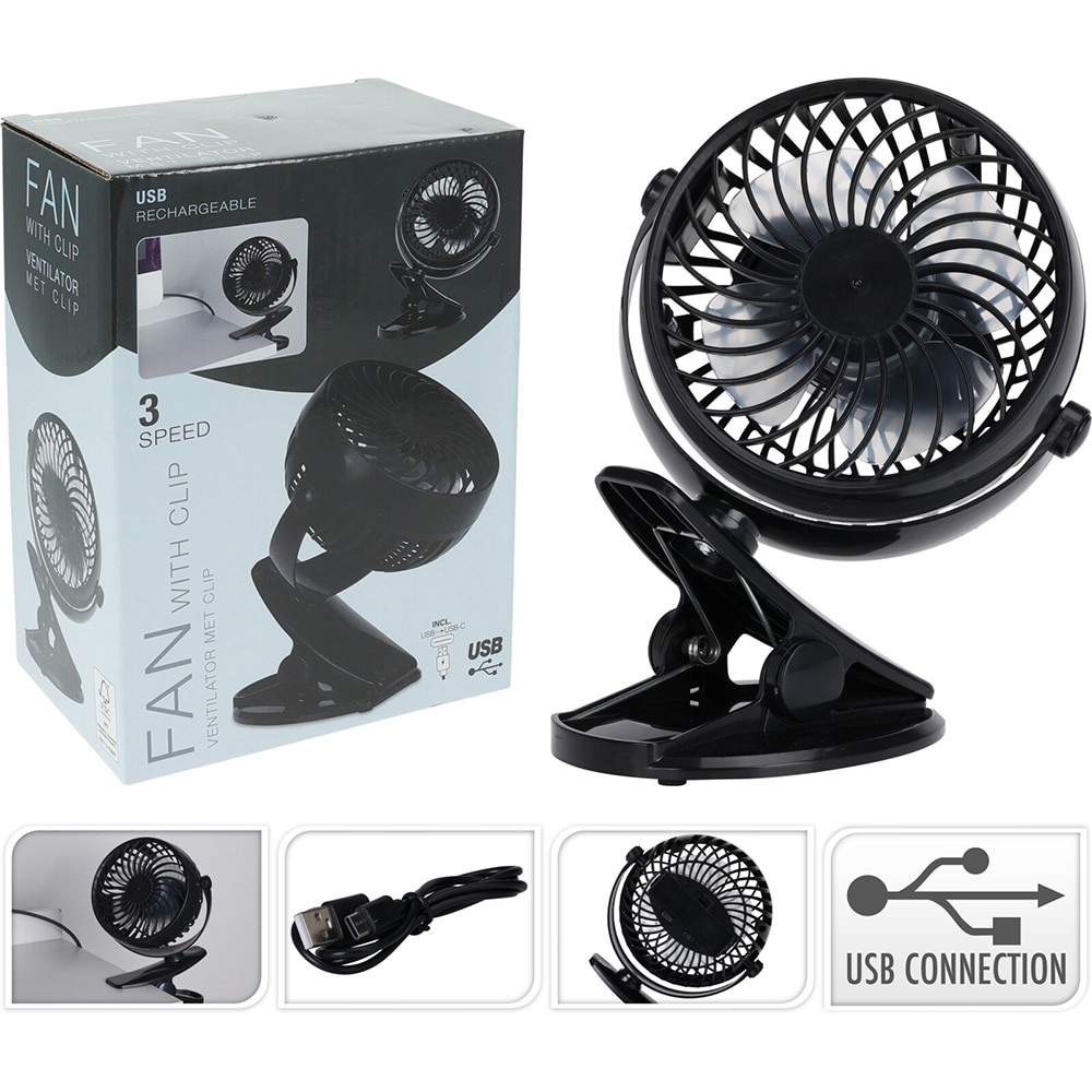 Ventilator portabil cu prindere clip, 12 x 8 x 15 cm, plactic, negru