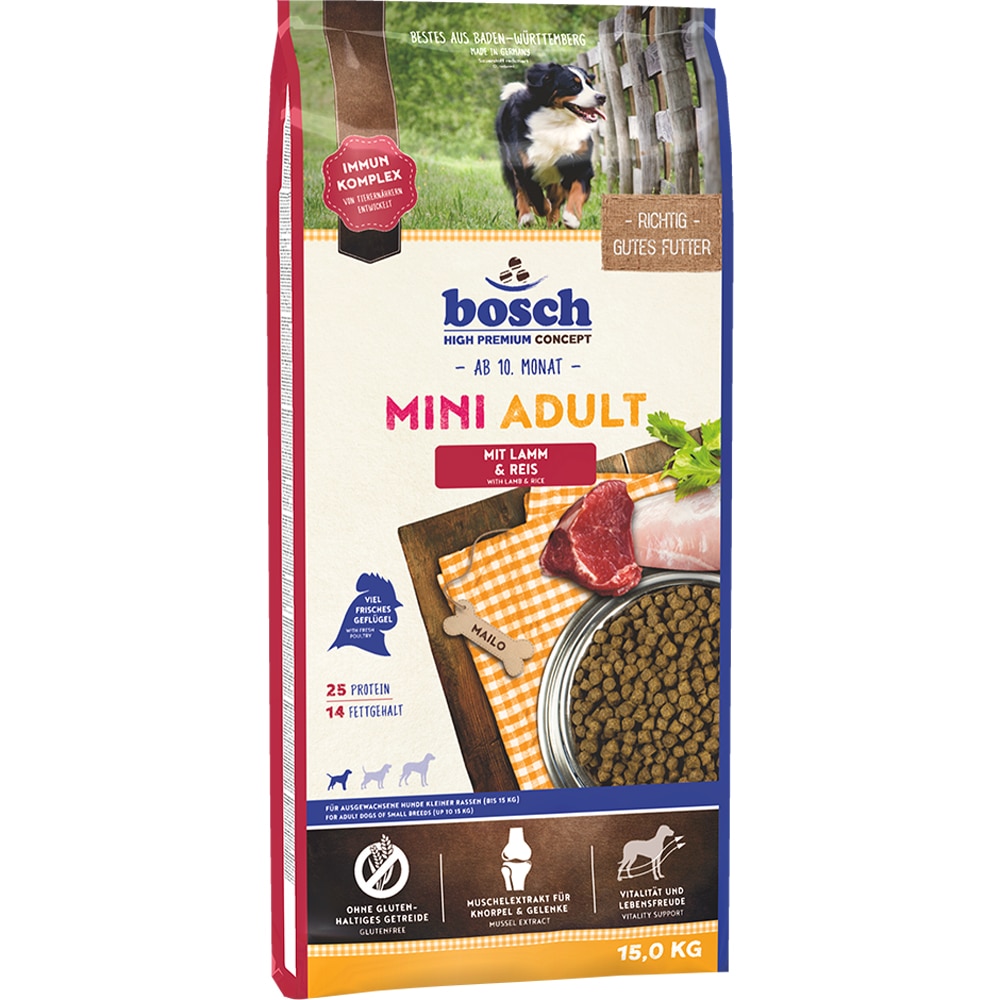 Hrana uscata pentru caini BOSCH-TIERNAHRUNG Mini, Adult, Miel si Orez, 15 kg