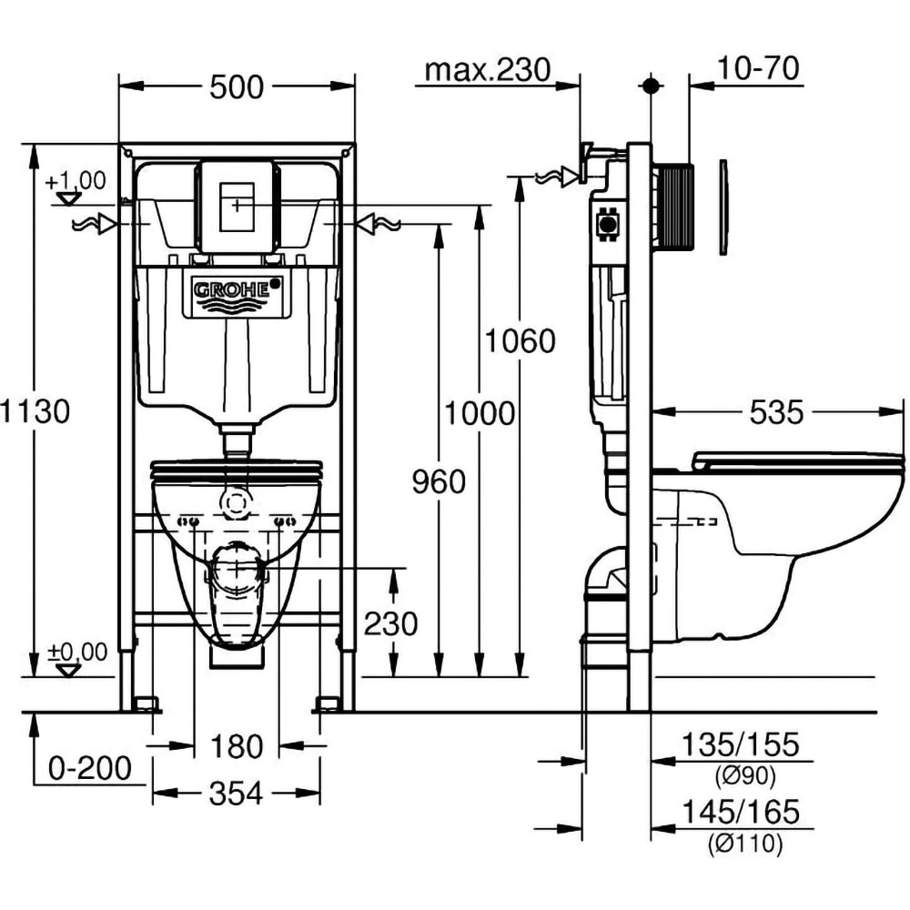Set vas WC suspendat GROHE Solido 5in1 Bau 112957SH00, ceramica, rezervor 3-6l, capac SoftClose, clapeta actionare, alb