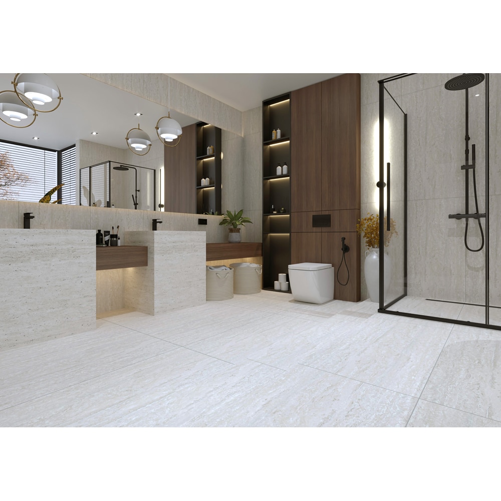 Gresie interior/exterior Travertin, gri deschis, portelanata, 60 x 120 cm, 1.44 mp/cutie, PEI 4