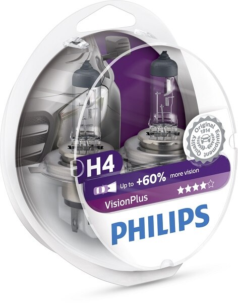 Bec auto far halogen PHILIPS H4 Vision Plus+60%, 12V, 60/55W, P43T, set 2 bucati