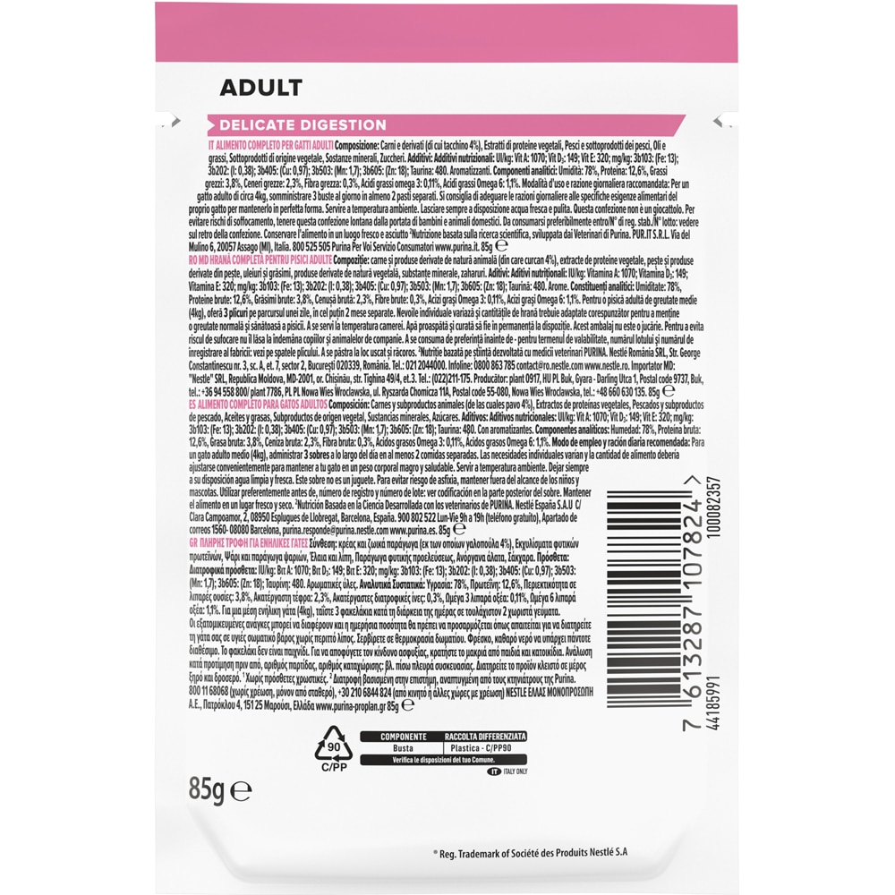 Hrana umeda pentru pisici PURINA PRO PLAN Delicate Digestion, Adult, Curcan in sos, 26 x 85 g
