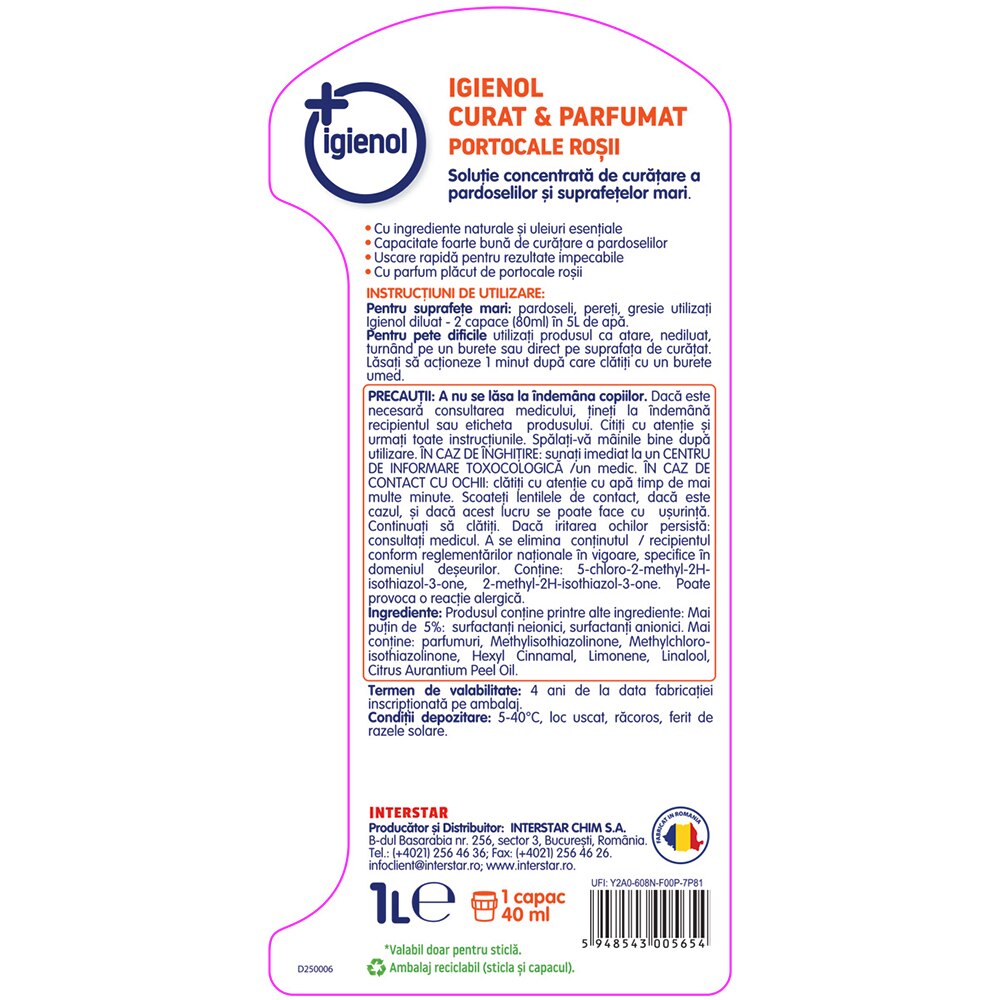 Solutie de curatare pardoseli IGIENOL Curat & Parfumat, Portocale rosii, 1 l