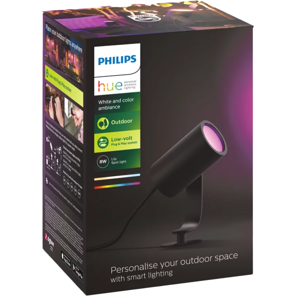 Spot LED RGB PHILIPS HUE Lily, 8W, 590lm, IP65, negru