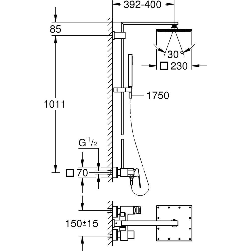 Sistem dus GROHE Euphoria Cube XXL 230 23147001, 1 functie, crom