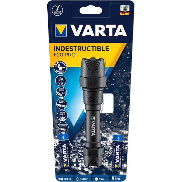 Lanterna LED VARTA Indestructible F20 Pro, 350 lumeni, 2xAA, negru
