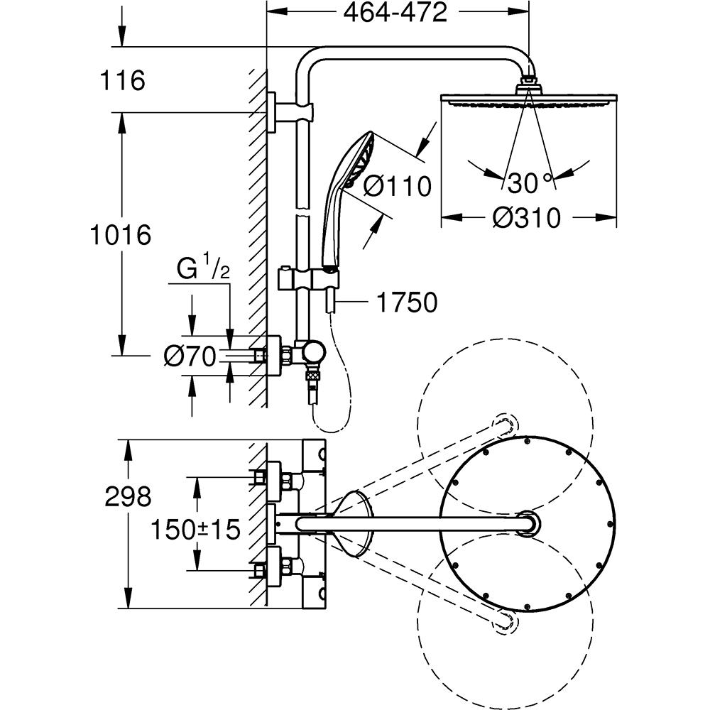 Sistem dus GROHE Euphoria 310 26075DA0, termostat, 3 functii, cupru