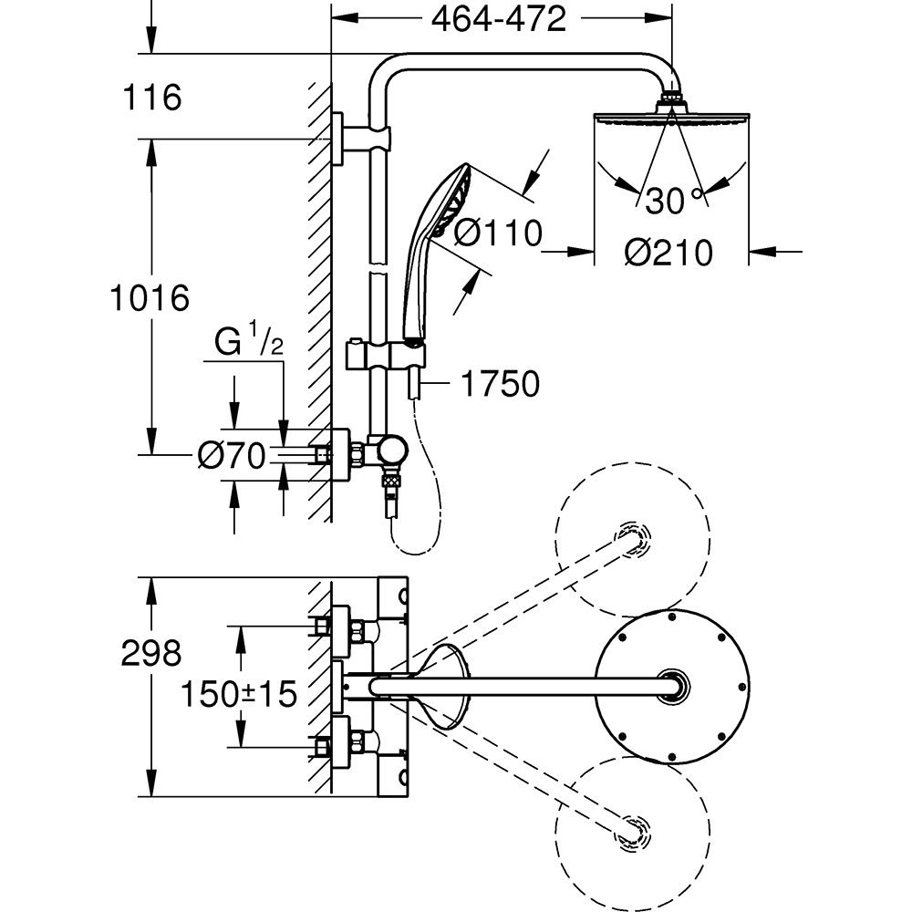 Sistem dus GROHE Euphoria 210 26383000, termostat, 1 functie, crom