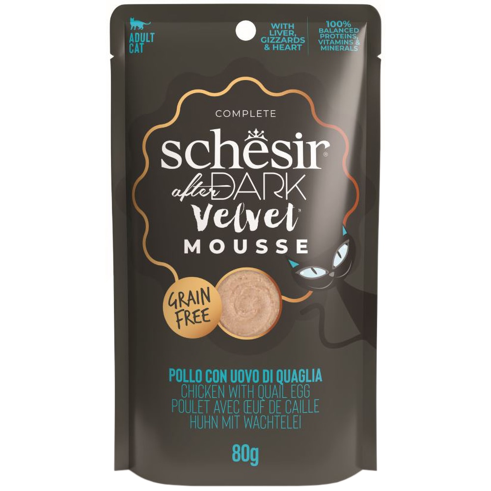 Hrana umeda pentru pisici SCHESIR After Dark Mousse, Adult, Pui si Ou, 12 x 80 g