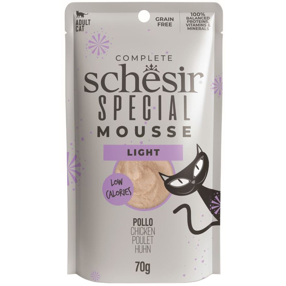 Hrana umeda pentru pisici SCHESIR Mousse Light, Adult, Pui, 12 x 70 g