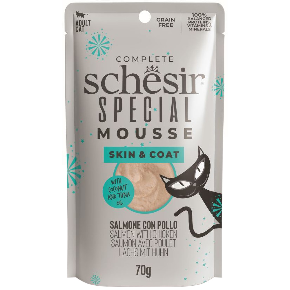 Hrana umeda pentru pisici SCHESIR Mousse Skin&Coat, Adult, Somon, 12 x 70 g