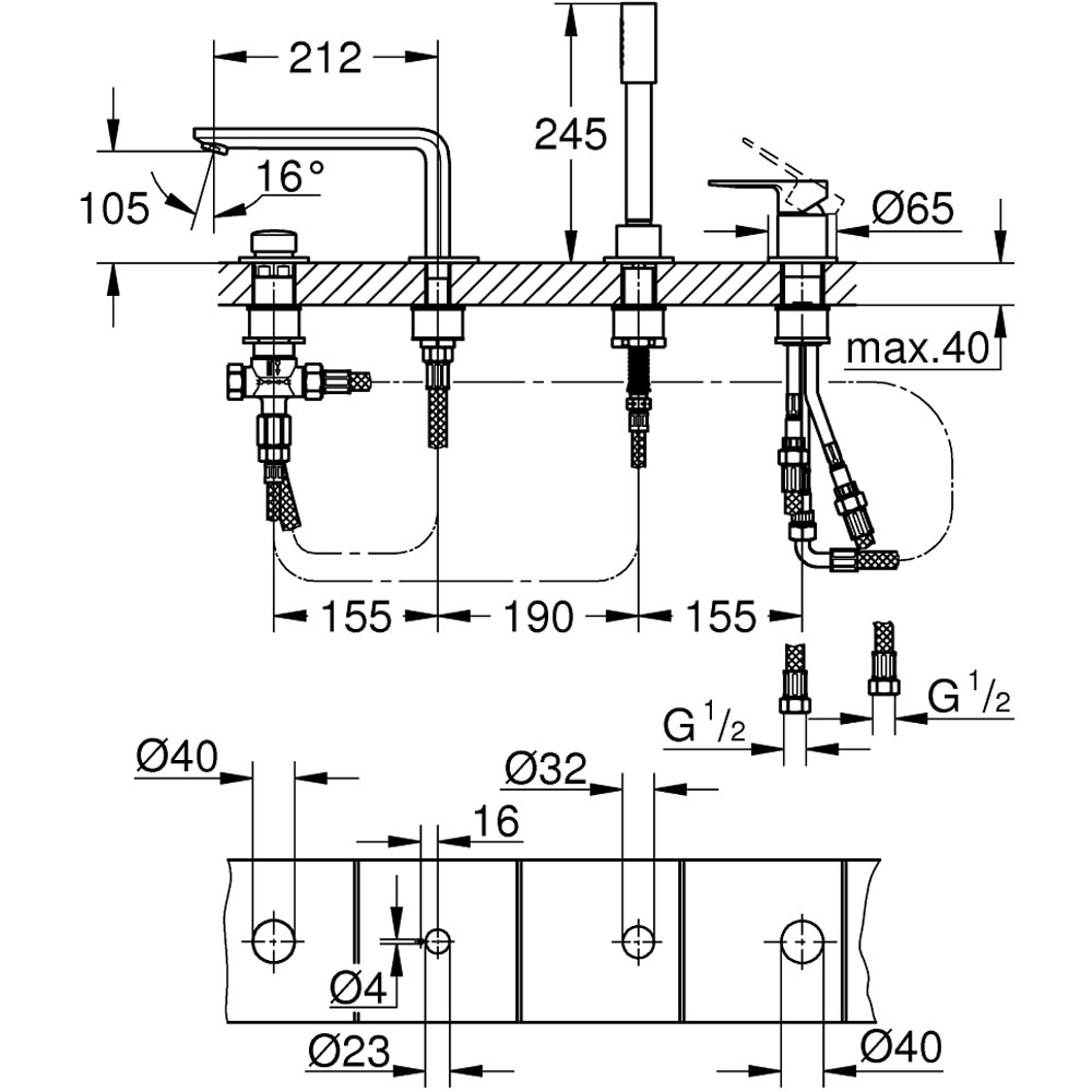 Baterie cada GROHE Lineare 19577001, set dus, alama, crom