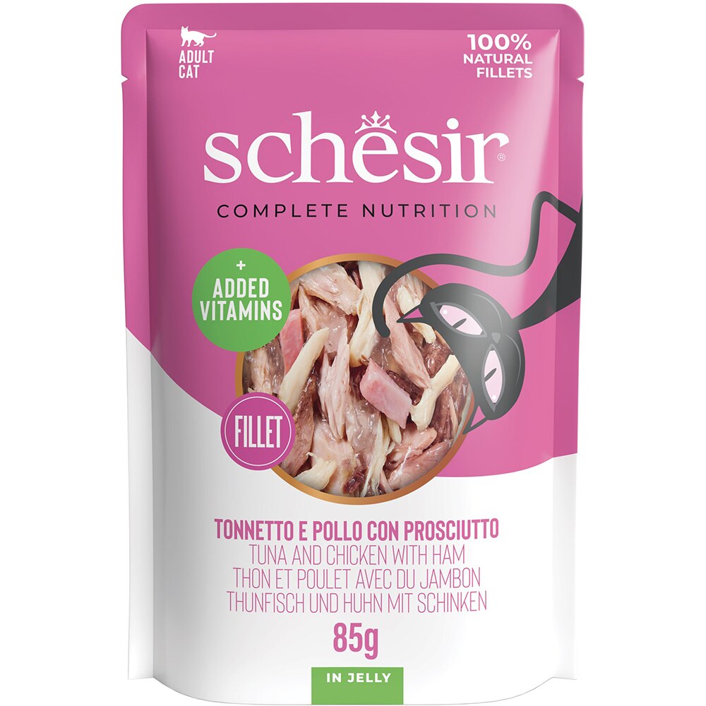 Hrana umeda pentru pisici SCHESIR, Adult, Ton, Pui si Sunca in aspic, 85 g