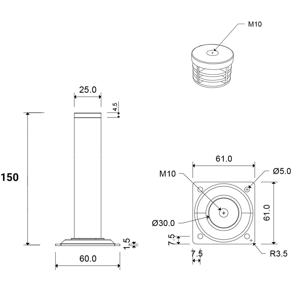 Picior mobila 400, otel, 15 cm, alb