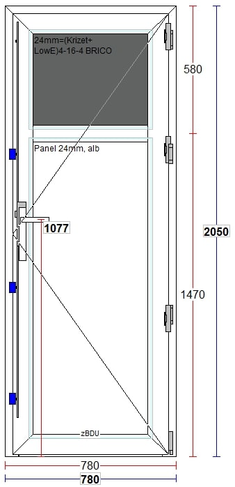 Usa termopan PVC interior/exterior, batanta, cu geam, 4 C, 1/3, alb, dreapta, simpla deschidere, 78 x 205 cm  Extruplast