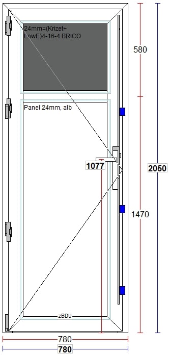 Usa termopan PVC interior/exterior, batanta, cu geam, 4 C, 1/3, alb, stanga, simpla deschidere, 78 x 205 cm  Extruplast