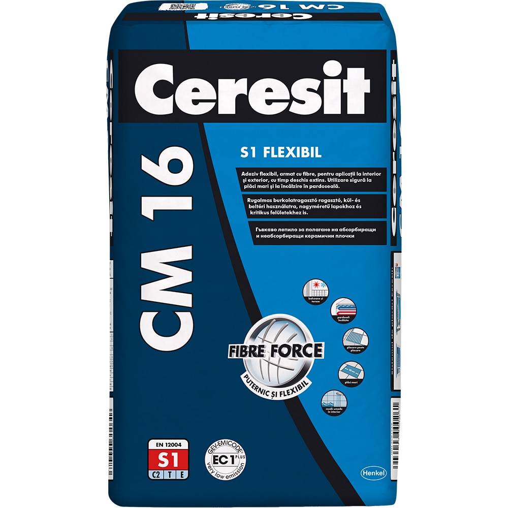 Adeziv super flexibil pentru gresie si faianta CERESIT CM 16, gri, interior/exterior, 25 kg