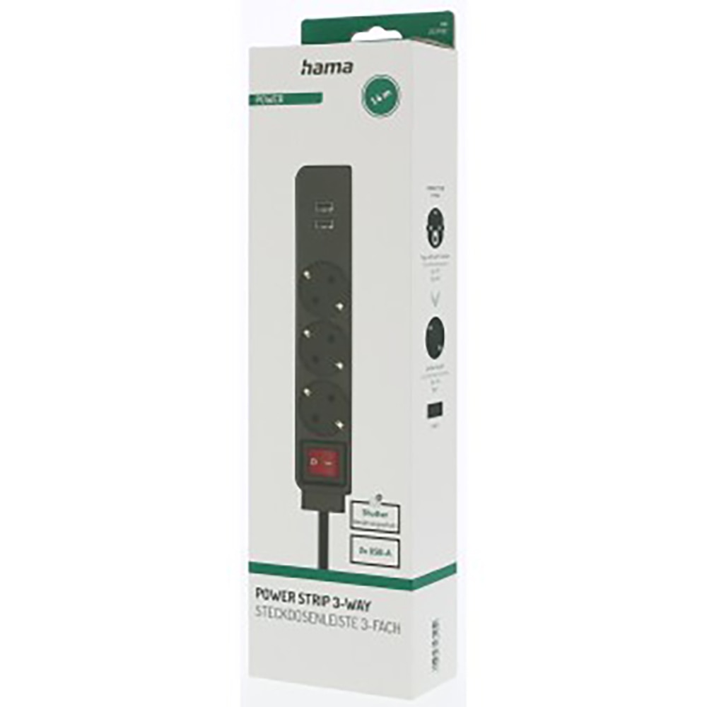 Prelungitor HAMA 223182, 3 prize, USB-A, 1.4m, negru