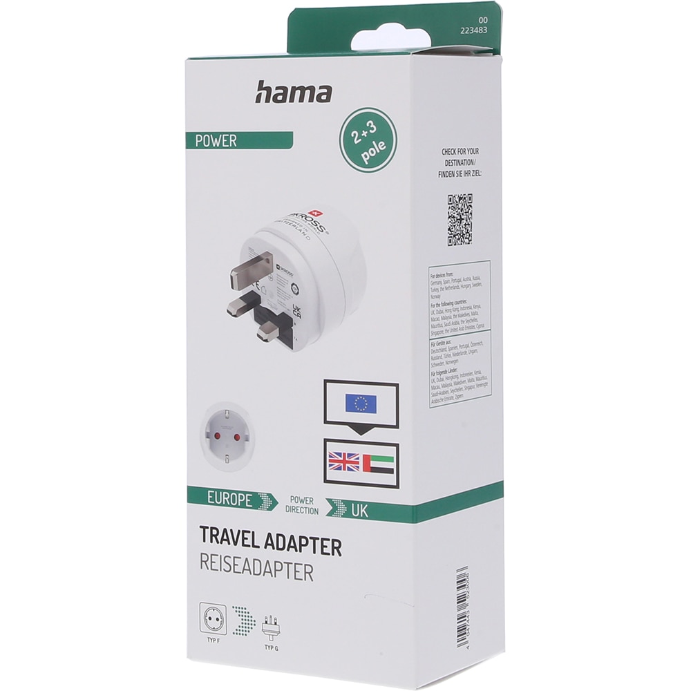 Adaptor priza HAMA 223483, 3250W, 100-250V, EU - UK, alb