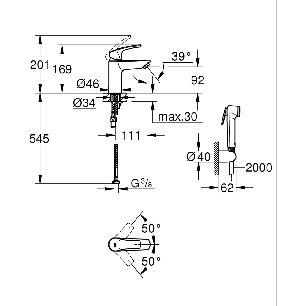 Baterie lavoar GROHE Eurosmart 231242433, dus igienic, alama, negru