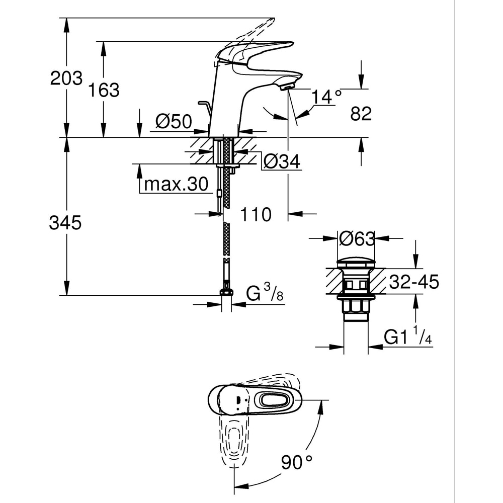 Baterie lavoar GROHE Eurostyle 23930003, marimea M, alama, crom