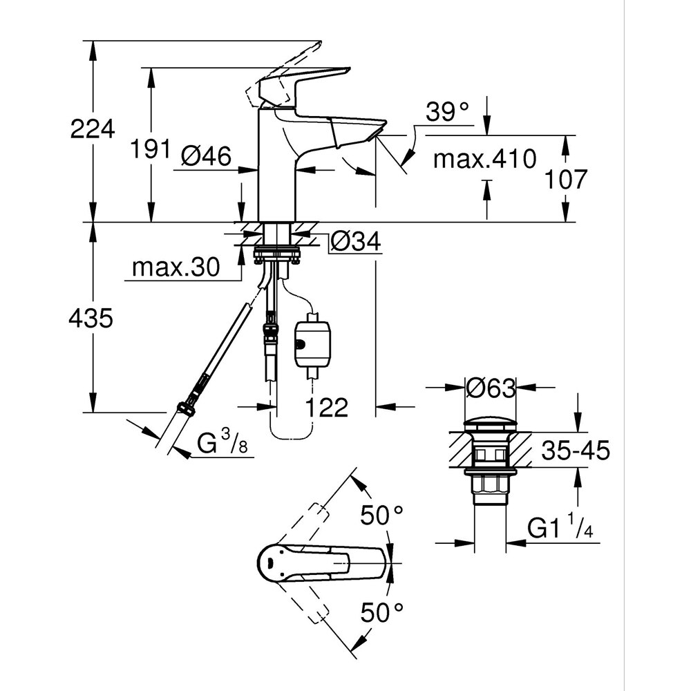 Baterie lavoar GROHE Start 24205003, marimea M, dus extractabil, alama, crom