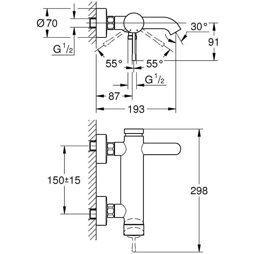 Baterie cada GROHE Essence 25250DA1, 1/2'', aparenta, alama, cupru