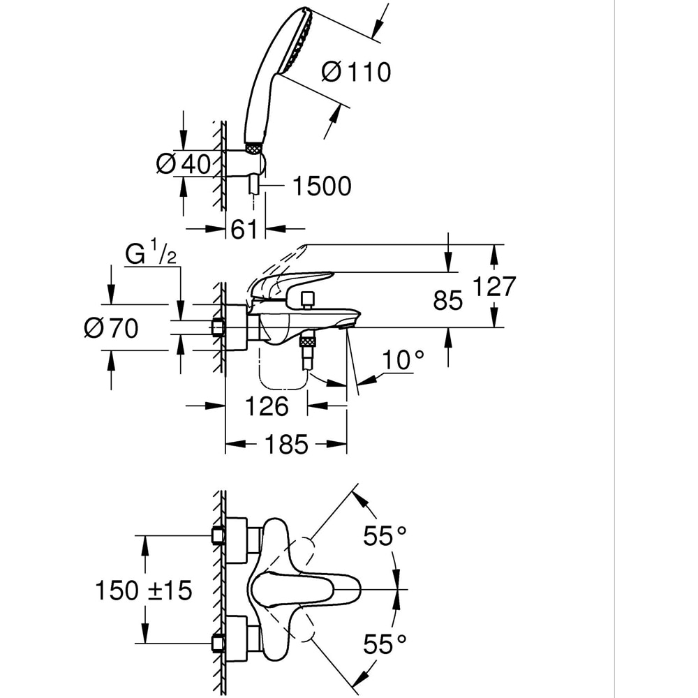 Baterie cada-dus GROHE Eurostyle 25286003, aparenta, set de dus, alama, crom