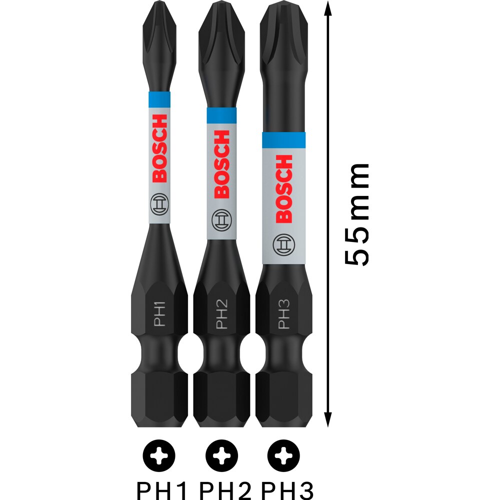 Set BOSCH PRO, 3 biti impact PH1/2/3, 55mm