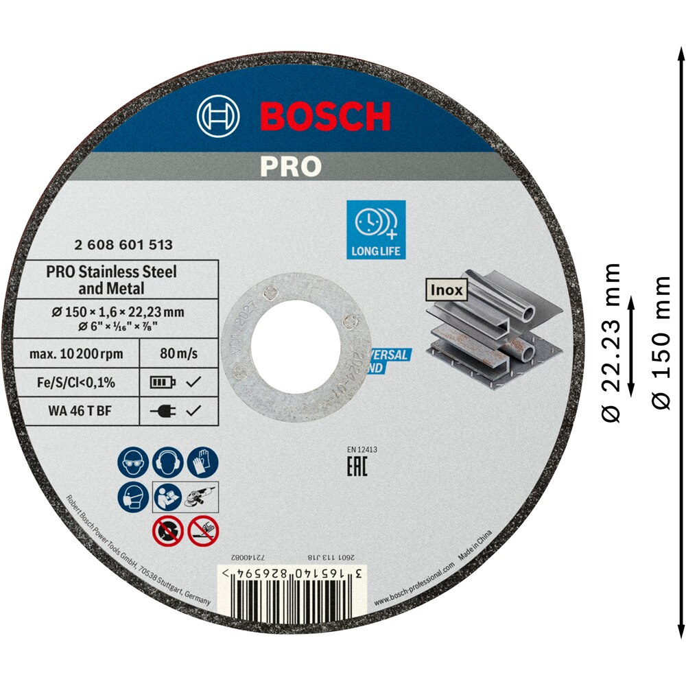 Disc taiere BOSCH PRO, inox/metal, 150 x 1, 6 x 22, 23 mm