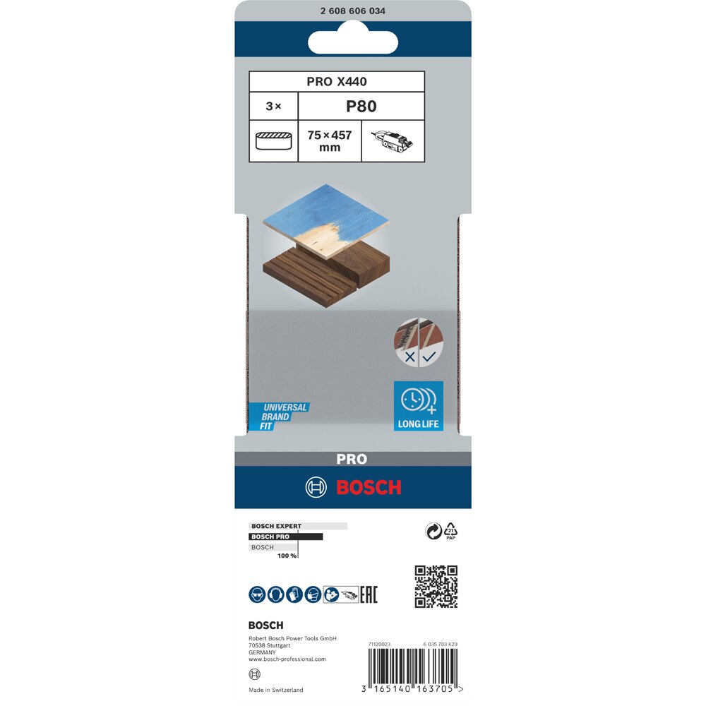 Banda abraziva BOSCH PRO, X440, 75 x 457mm, G80, 3buc
