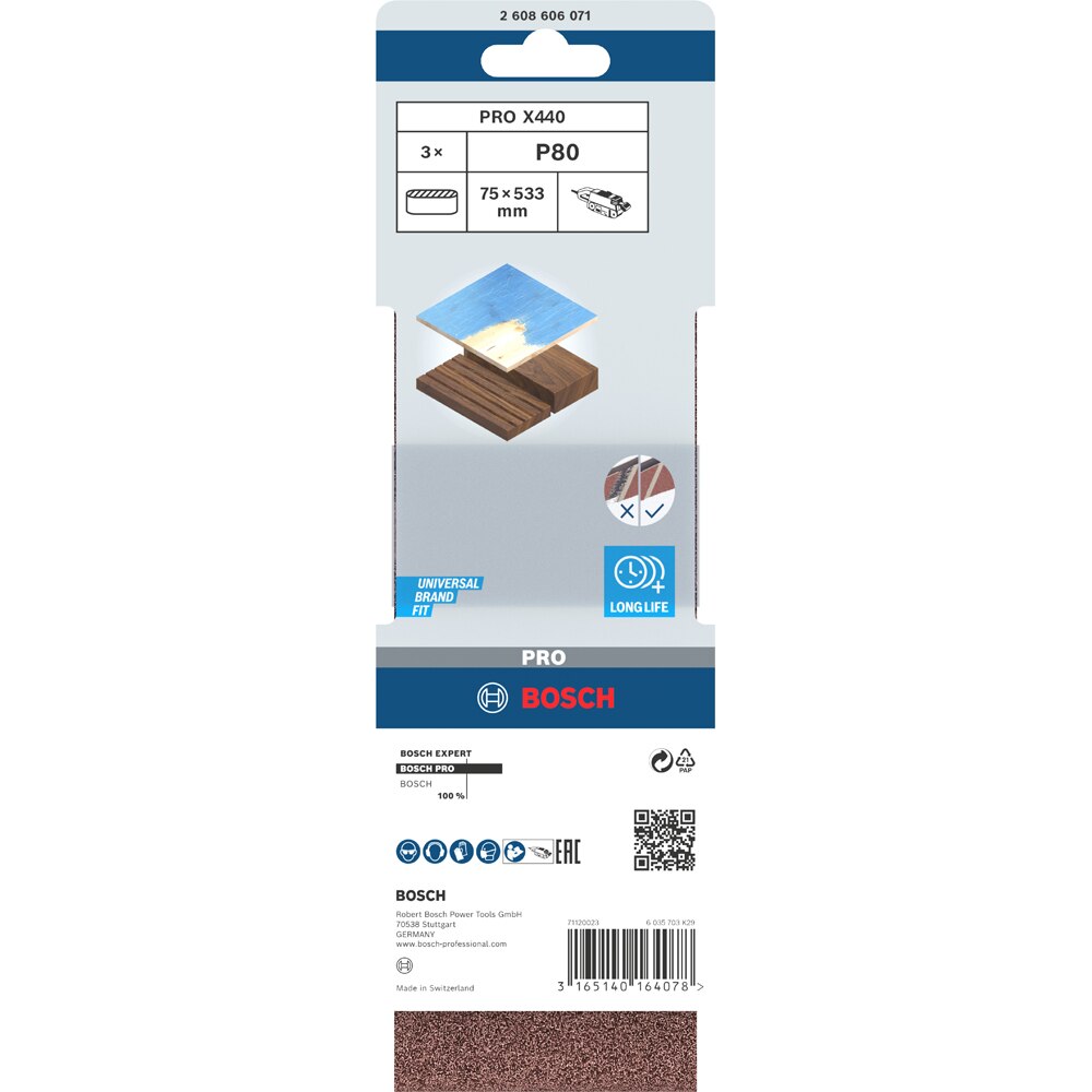 Banda abraziva BOSCH PRO, X440, 75 x 533mm, G80, 3buc