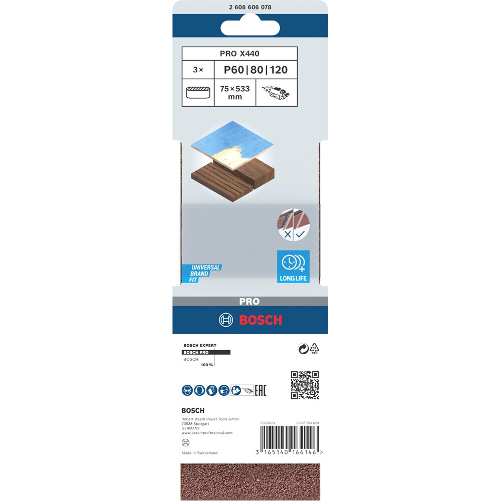 Banda abraziva BOSCH PRO, X440, 75 x 533, 60/80/100, 3buc
