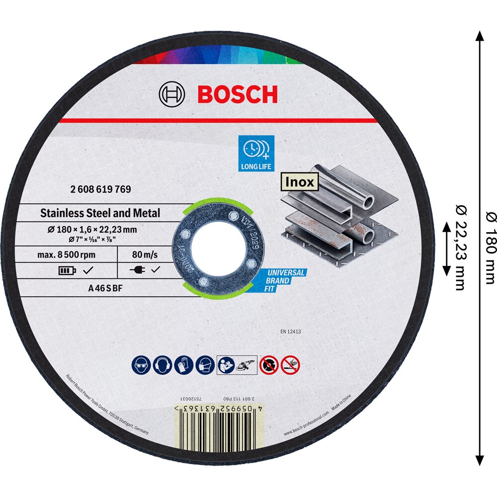 Disc taiere BOSCH, metal, 180 x 1.6 x 22.23mm