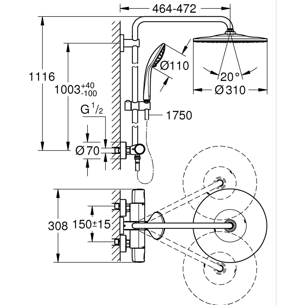 Sistem dus GROHE Euphoria 310 26384002, termostat, 1 functie, crom