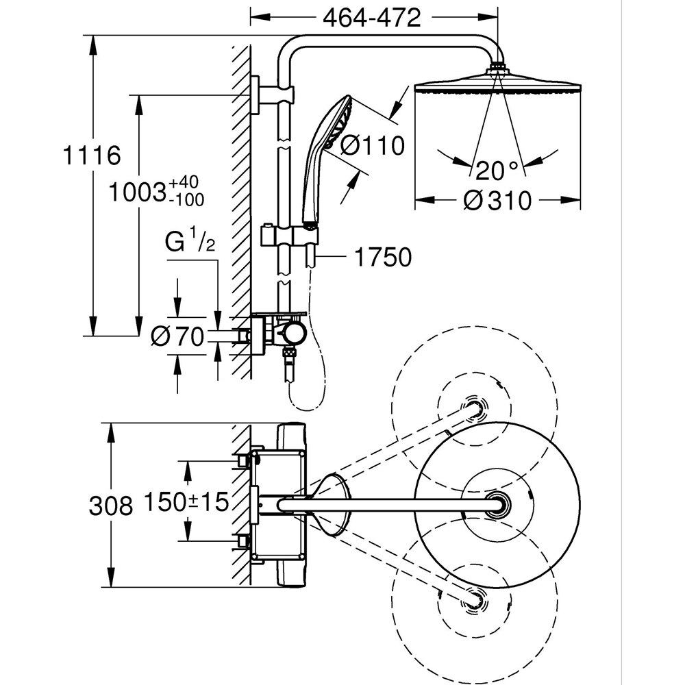 Sistem dus GROHE Vitalio Joy 310 26401001, termostat, 1 functie, crom